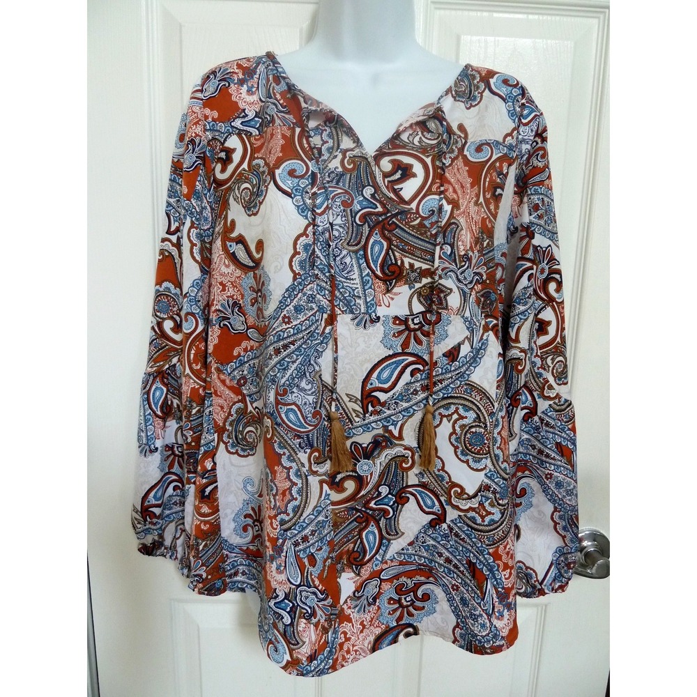 Chicos Size 1 Boho Paisley Pullover Blouse Tassels Balloon Sleeve Multicolor M